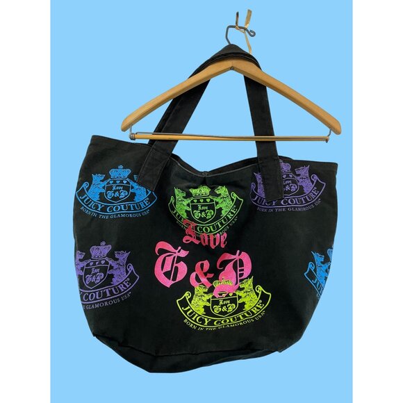 Juicy Couture Black Canvas Viva La Juicy Tote Bag With Multicolor Print` - Picture 8 of 8